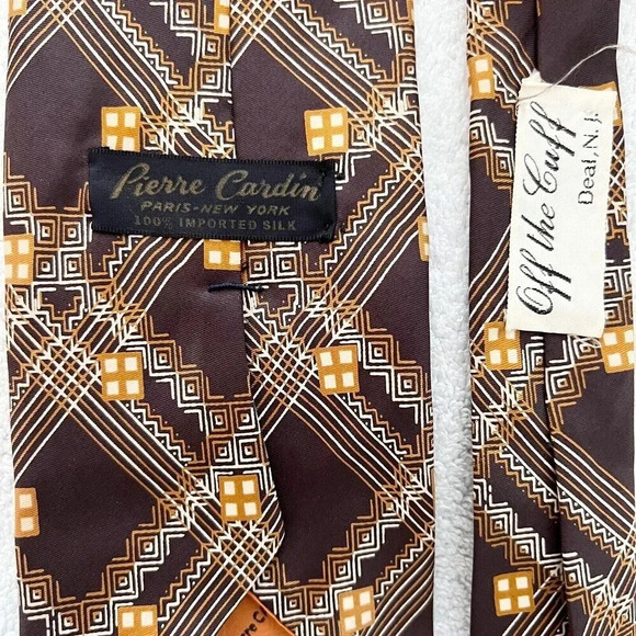 Vintage Pierre Cardin Men’s Brown Plaid Geometric Retro Silk Tie - Picture 5 of 6